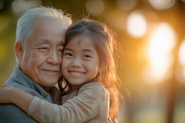 Obraz premium Asian girl hugging her grandfather, smiling and happy, in a park background. Family concept and love for elderly people with copy space.