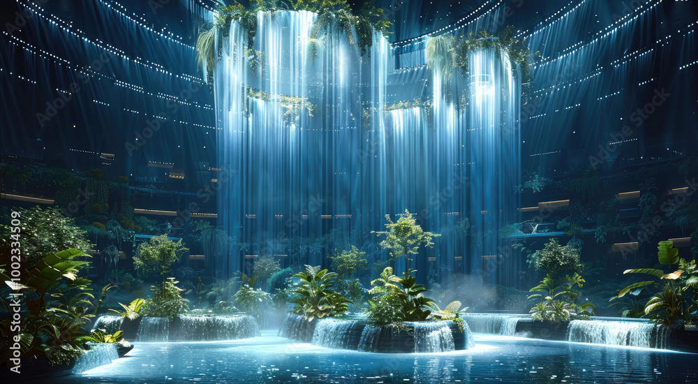 Poster The waterfall stage design has floating islands in the center of the Stadium with waterfalls flowing down from them. The top of each waterfall is surrounded by jungle plants and trees.