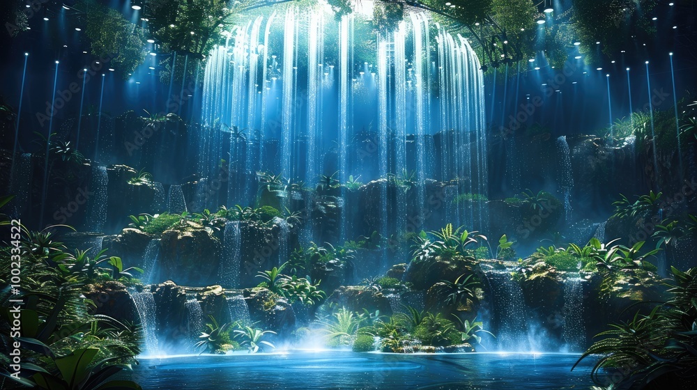 Poster The waterfall stage design has floating islands in the center of the Stadium with waterfalls flowing down from them. The top of each waterfall is surrounded by jungle plants and trees.