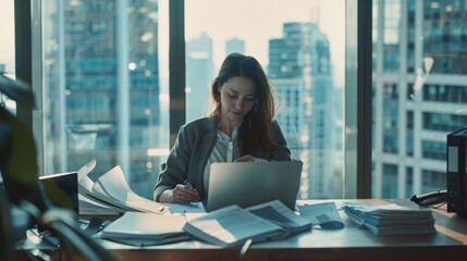 Fototapeta premium woman is working diligently at her desk in modern office, surrounded by paperwork and laptop, with city skyline visible through large windows. scene conveys sense of focus and productivity