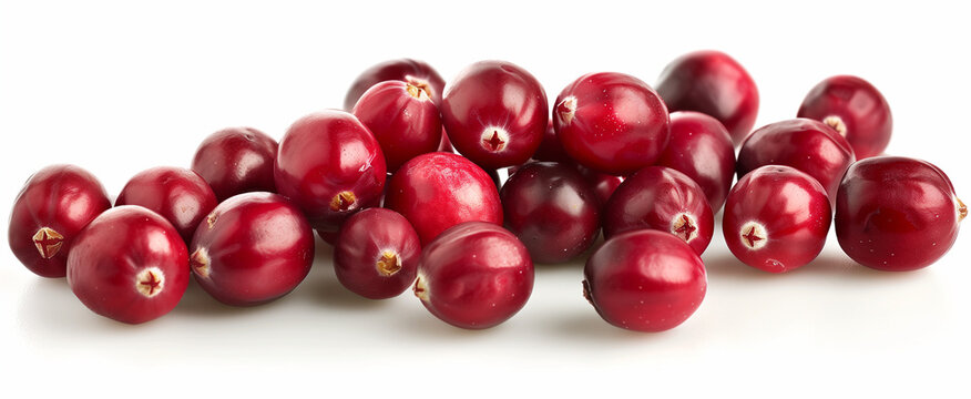 Group of fresh red cranberries isolated on white background, advertisement style of fresh cranberry fruits