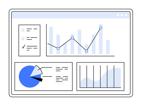 Computer screen displaying various data charts and graphs. Ideal for business, finance, analytics, data visualization, reporting. Clean, minimalist design.