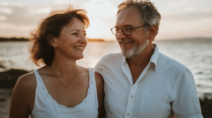 Obraz premium Beautiful happy senior couple dating at the seaside during summertime 