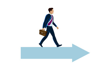 Business man going ahead to his goal with shown direction, vector illustration of a young man business dressed walking straight towards to his aim with hint, career concept.