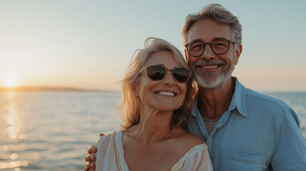 Obraz premium Beautiful happy senior couple dating at the seaside during summertime 