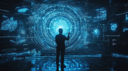 A professional interacts with holographic data and neural networks in a futuristic office environment at night. Generative AI