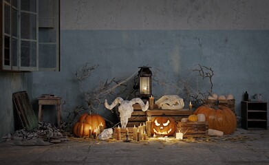 Spooky Halloween scene with skulls, pumpkins,