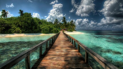 Naklejka premium Wooden Bridge Leads to Small Island with Palm Trees