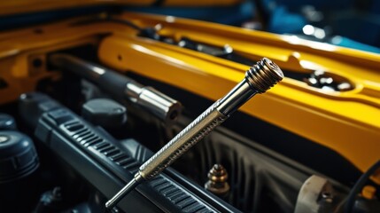 Fototapeta premium Close-up of a Car Engine Dipstick with a Yellow Engine Bay in the Background