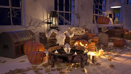 Spooky Halloween scene with skulls, pumpkins,