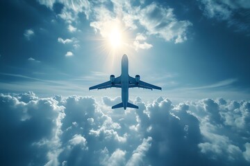 Fototapeta premium Airplane ascending in a blue sky sunlight streaming through the clouds viewed from below Concept of air safety Vacant space for copy space