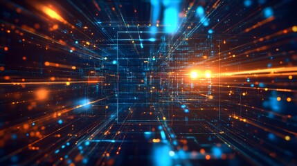 Fototapeta premium Abstract digital background with colorful glowing lines and futuristic elements, representing technology in a data center or internet network concept