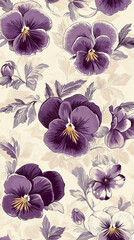 A beautiful graphic set featuring pansies in shades of purple and ivory, ideal for use as a background