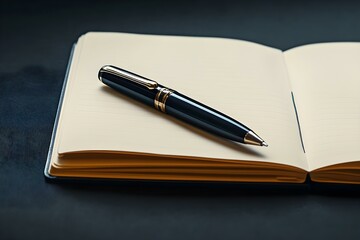 Close up of a pen and an open notebook. Copy space image. Place for adding text and design