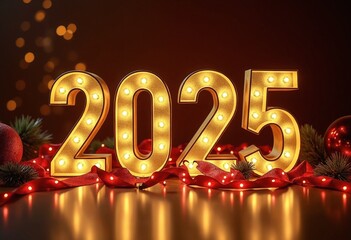 Gold 2025 numbers with festive lights and holiday decorations