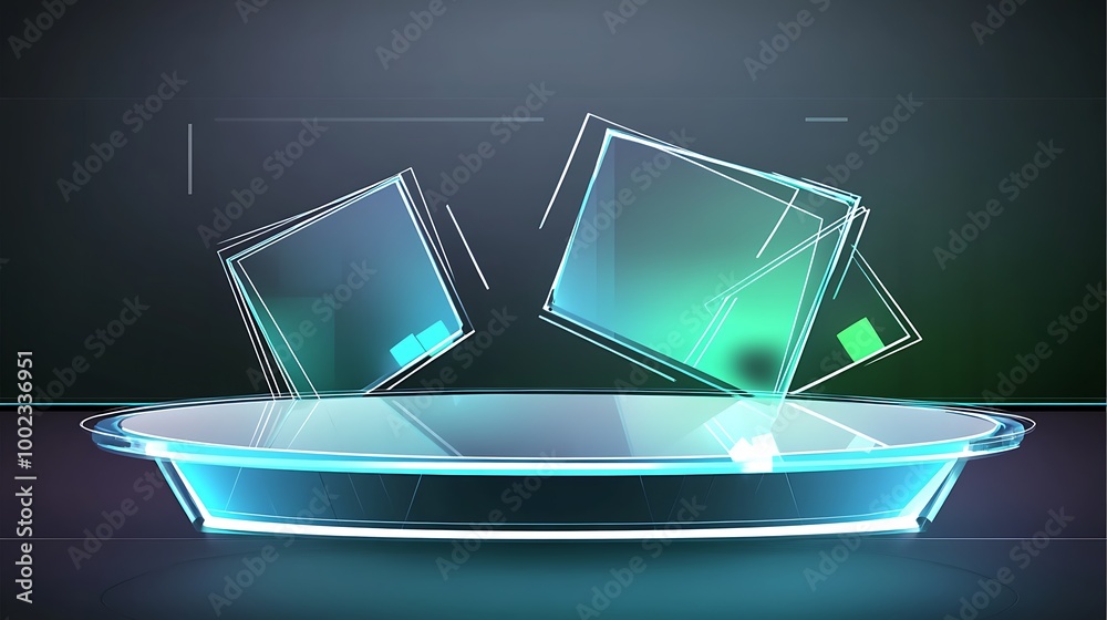 Poster Futuristic glowing platform with two abstract squares.