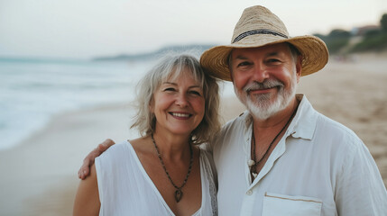 Obraz premium Beautiful happy senior couple dating at the seaside during summertime 