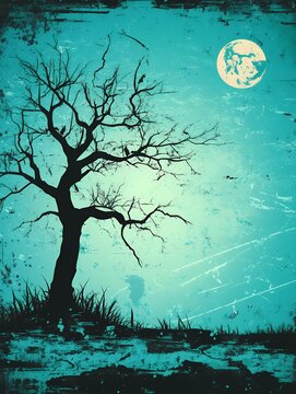 Silhouette of a bare tree against a blue moonlit sky.