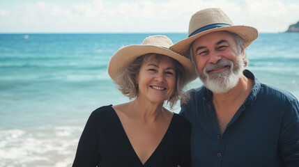 Obraz premium Beautiful happy senior couple dating at the seaside during summertime 