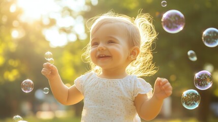 Joyful toddler girl with blonde hair laughs while playing with soap bubbles in a sun drenched field, capturing pure childhood happiness