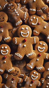 A close-up view of numerous gingerbread men cookies arranged in a seamless pattern, creating a festive and inviting Christmas baking texture