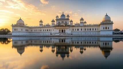Fototapeta premium A stunning palace reflected in water during sunset, showcasing architectural beauty.
