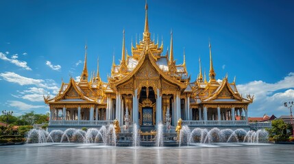 Fototapeta premium A stunning golden temple with intricate architecture and fountains against a blue sky.