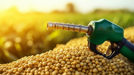 Diesel Fuel Nozzle and Soybeans Illustrating Concept of Biodiesel and Renewable Biofuel Energy