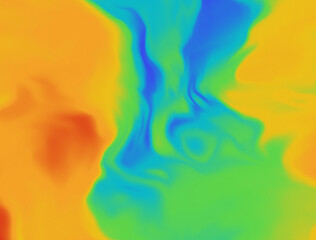 A colorful abstract painting with a green and orange swirl