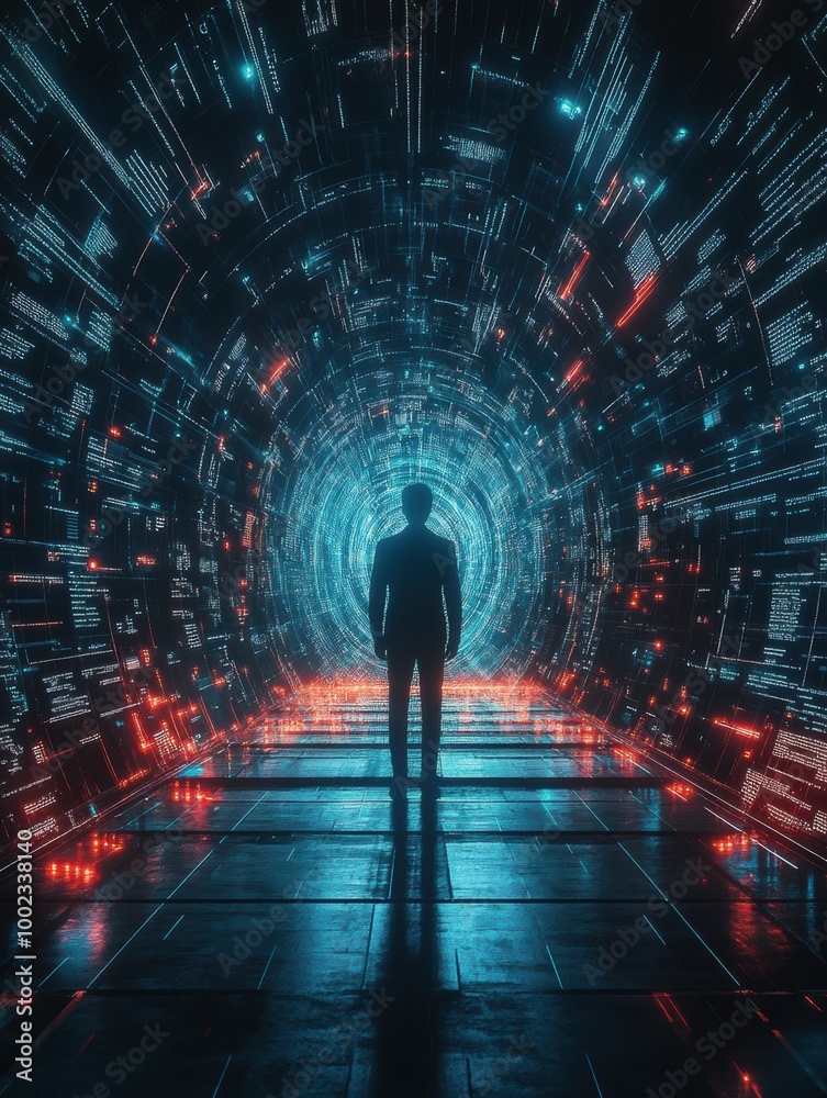 Poster a cybersecurity expert navigates a dynamic virtual data space filled with glowing encrypted codes an