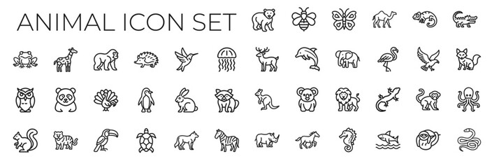 Obraz premium wildlife animals line art icon set, jellyfish hedgehog hummingbird deer