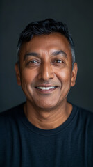 Obraz premium A front portrait of a middle-aged Indian man, smiling, centered, short black hair