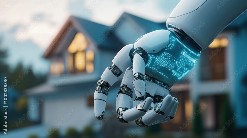 Poster close-up of a robotic hand with glowing blue circuits against a blurred background of houses
