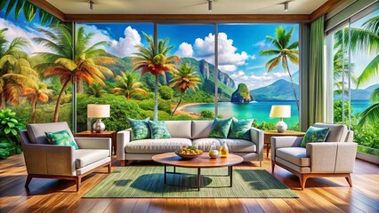 Fototapeta premium Experience contemporary interior design that embraces tropical aesthetics, perfectly complementing Hawaii's