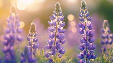 Obraz premium Beautiful lupine flowers blooming in a sunny meadow during springtime, showcasing vibrant purple hues and a serene atmosphere