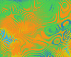 A colorful abstract painting with a green and orange swirl