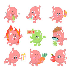 Cartoon stomach. Human stomach eating hot dog and healthy food, looking and need help. Prevention and treatment, heartburn gastritis nowaday vector icons