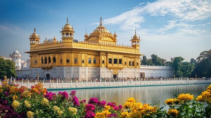 A stunning view of the Golden Temple with vibrant flowers and a serene water reflection.