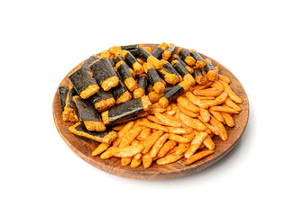 Senbei isolated, kaki no tane rice crackers, japanese crispy snack, sembei, okaki with wasabi, nori