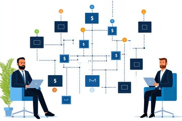 Fototapeta premium Two men in suits with laptops, flowchart design.