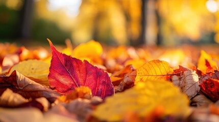 Close-up of a pile of crisp autumn leaves in shades of orange, red, and yellow, set in a forest clearing.