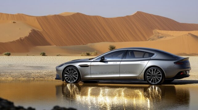 Futuristic Silver Luxury Car in Martian Desert Oasis - A sleek, silver luxury car parked beside a metallic lake in a golden desert, symbolizing futuristic automotive design and otherworldly luxury.
