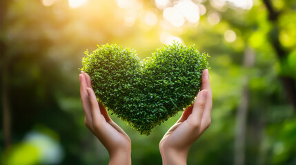 Hands holding a heart-shaped bundle of green moss with fresh leaves in a sunlit forest setting, symbolizing love for nature and sustainability