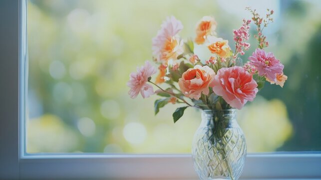 Close-up of a simple floral arrangement with pink and orange flowers in a glass vase on a windowsill.