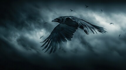 Naklejka premium A bird soars through a cloud-filled sky amidst a flock of birds on a cloudy day