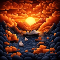 Fototapeta premium Vibrant sunset over ships in a serene harbor