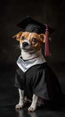 A playful dog dressed in a cap and gown sits proudly against a dark background