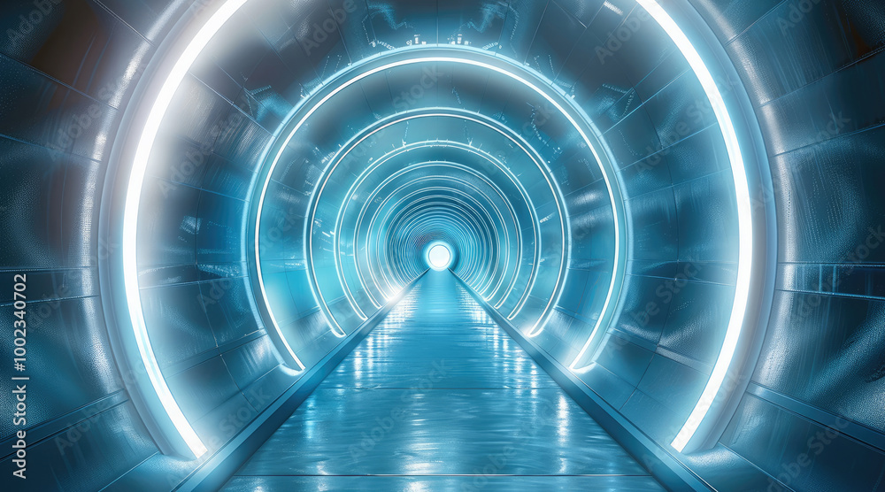 Poster futuristic digital technology background with a glowing circular tunnel.