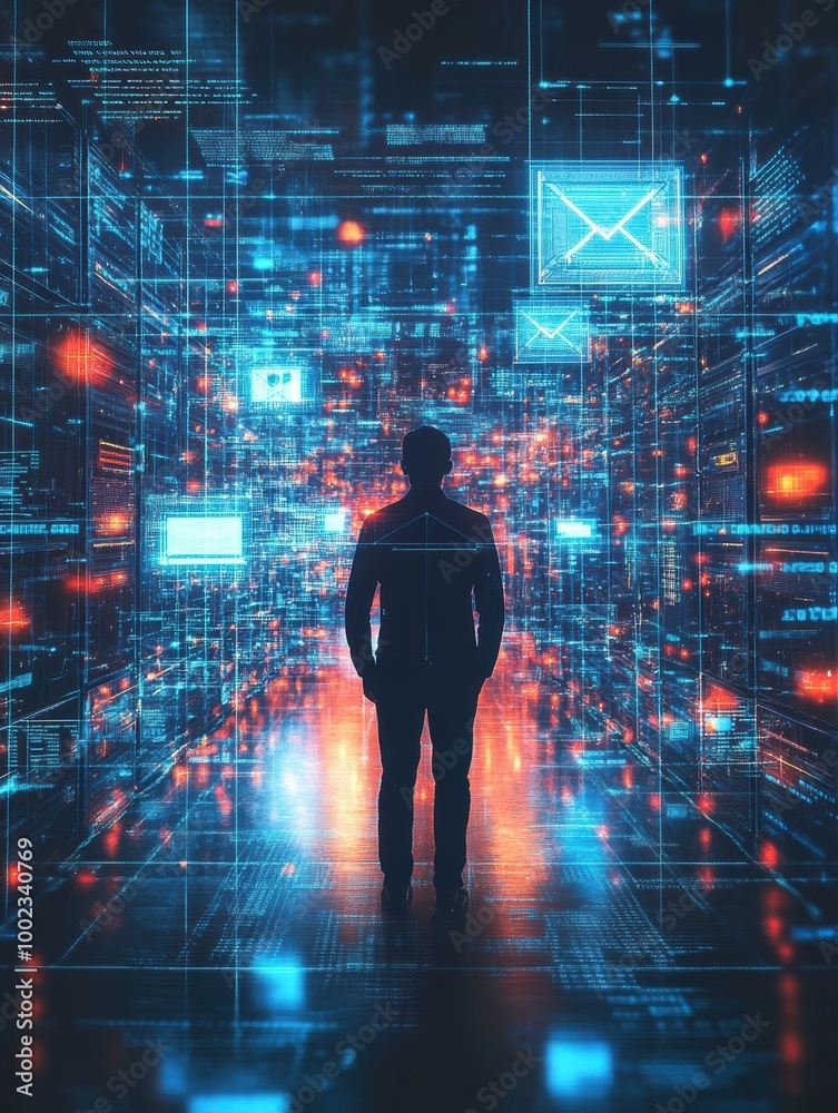 Aufkleber A cybersecurity expert navigates a digital realm illuminated by encrypted codes and virtual firewalls in a futuristic data space. Generative AI