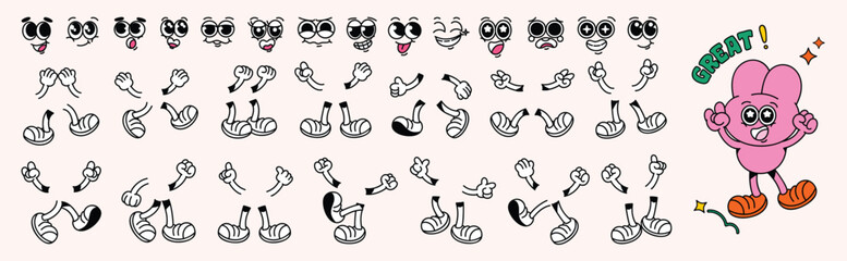 Obraz premium Set of 70s groovy comic faces vector. Collection of cartoon character faces, leg, hand in different emotions happy, angry, sad, cheerful. Cute retro groovy hippie illustration for decorative, sticker.